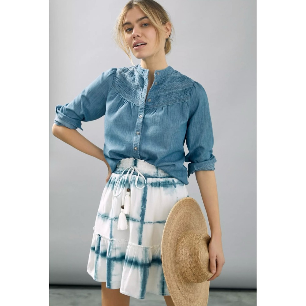 Pilcro Anthropologie Blue Tie Dye Linen Tiered Mini Skirt Small 4120318350010